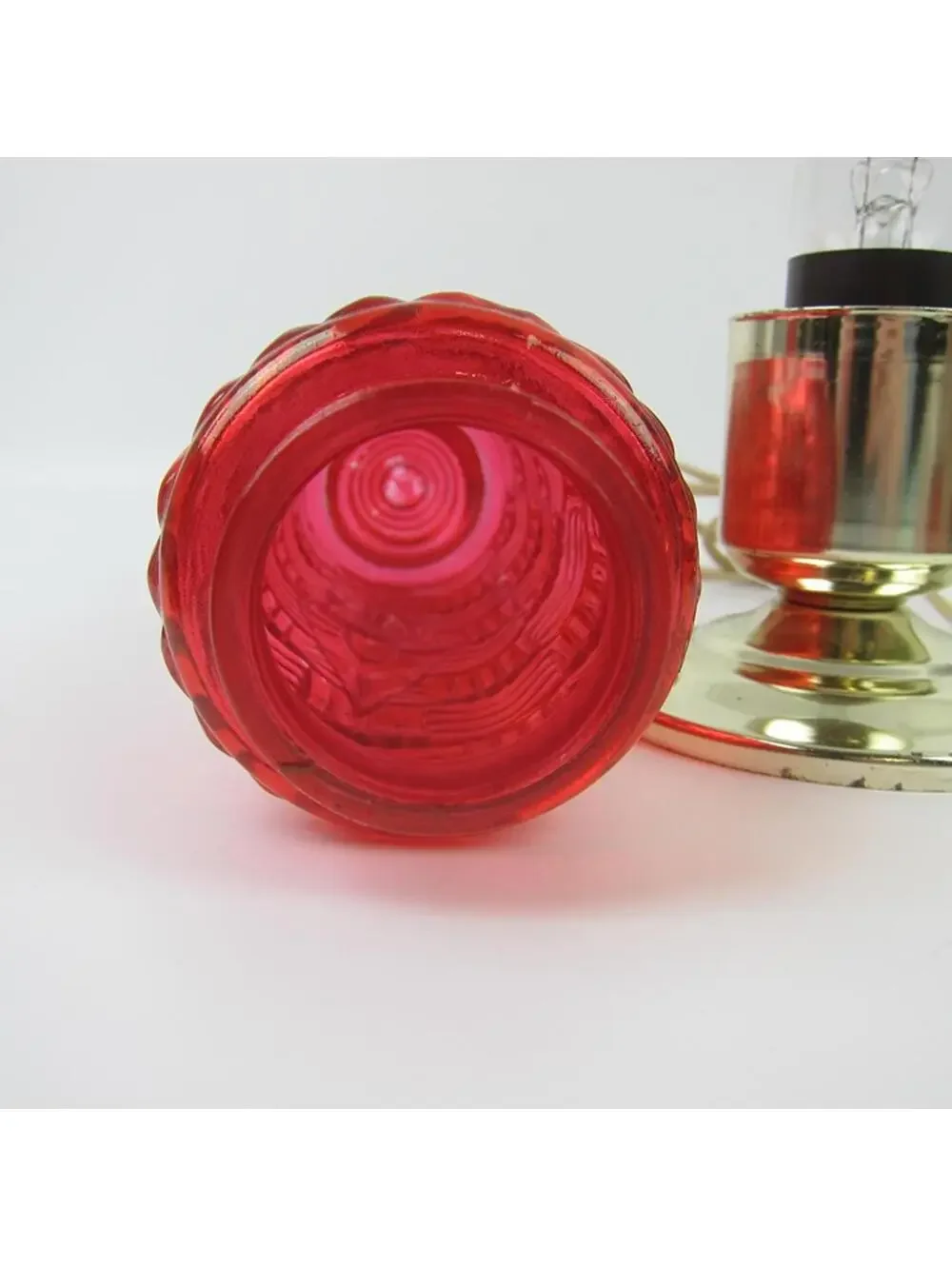 Vintage Torpedo Lamp Red Glass Basket Weave & Diamond Gold Base Art Deco WORKING